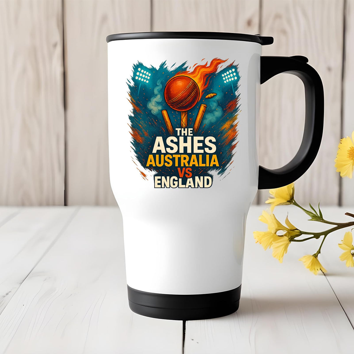 Ashes travel mug on a table with flowers