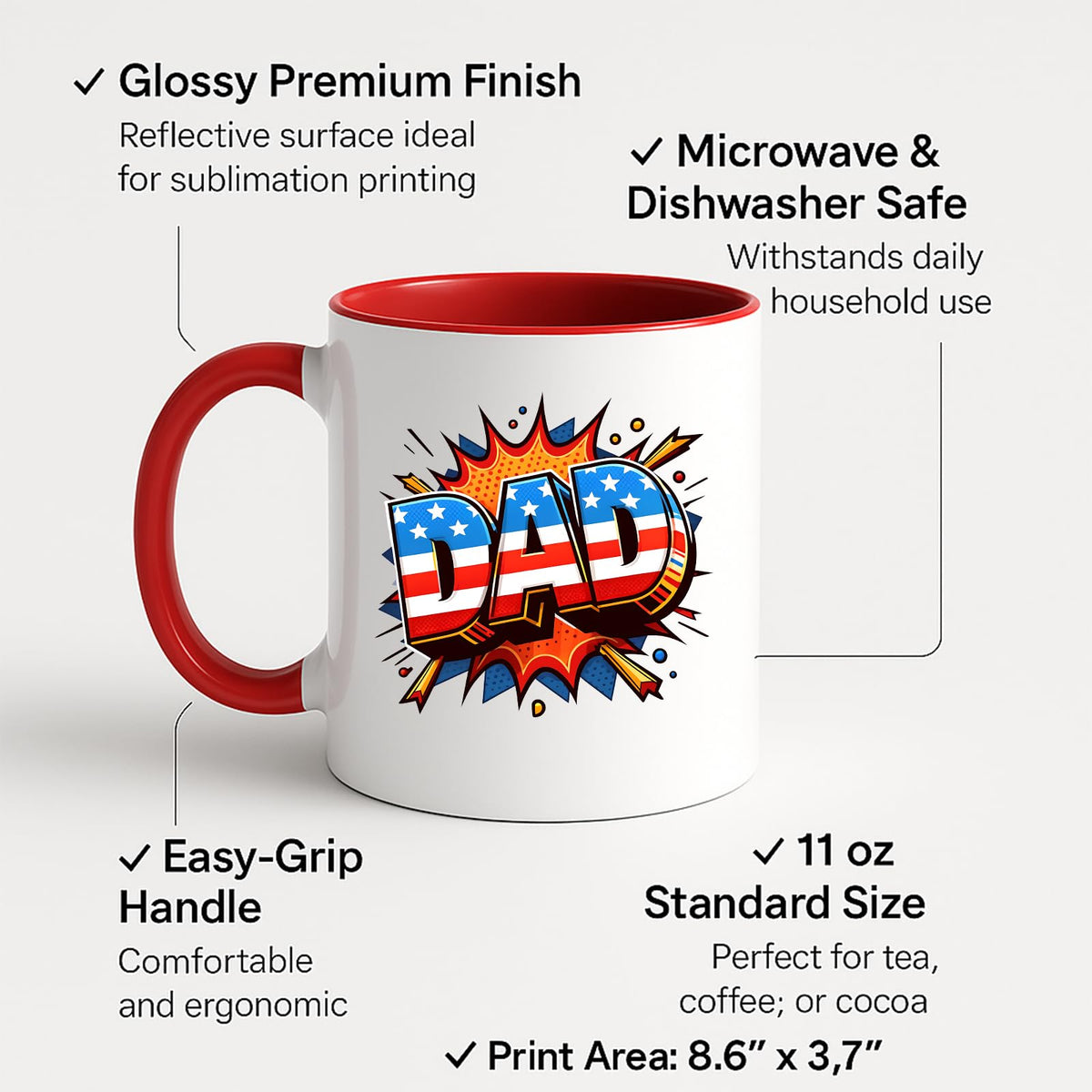 Colour handle mug with labels for 11oz size, glossy finish and easy-grip handle