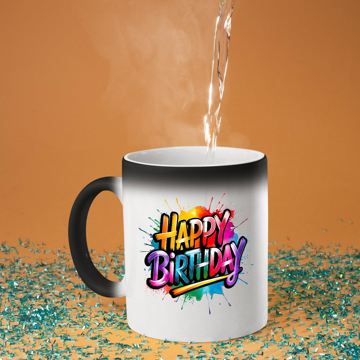 Hot water poured into the Happy Birthday rainbow splash colour changing mug as the design appears
