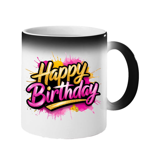Colour changing mug revealing “Happy” in gold and “Birthday” in pink script on a pink and gold splash
