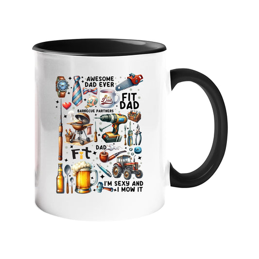 Colour handle mug with a collage of dad favourites – BBQ, tools, beer, a tractor and “Awesome Dad Ever” – black handle and inside