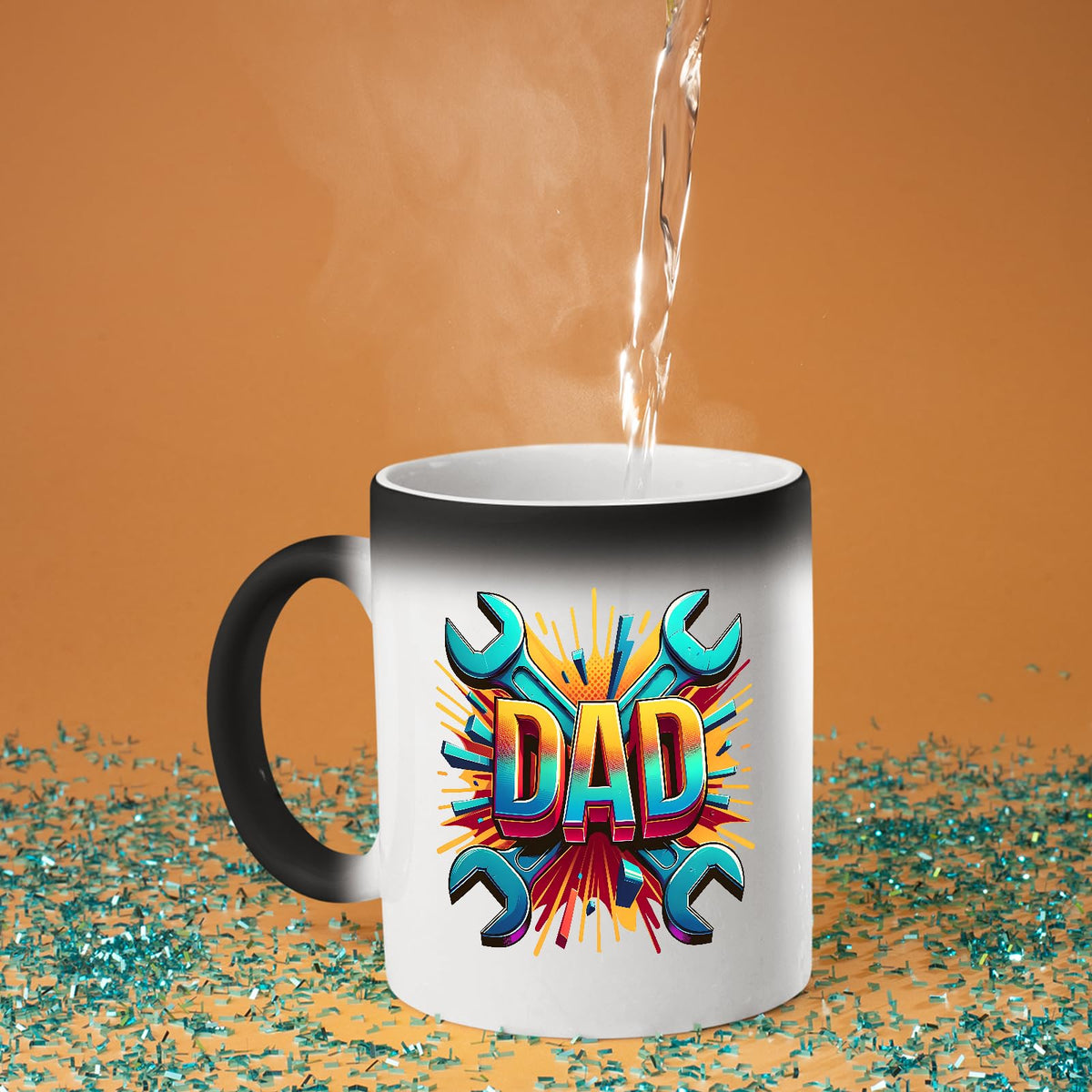 Hot water poured into the DAD spanners colour changing mug as the design appears