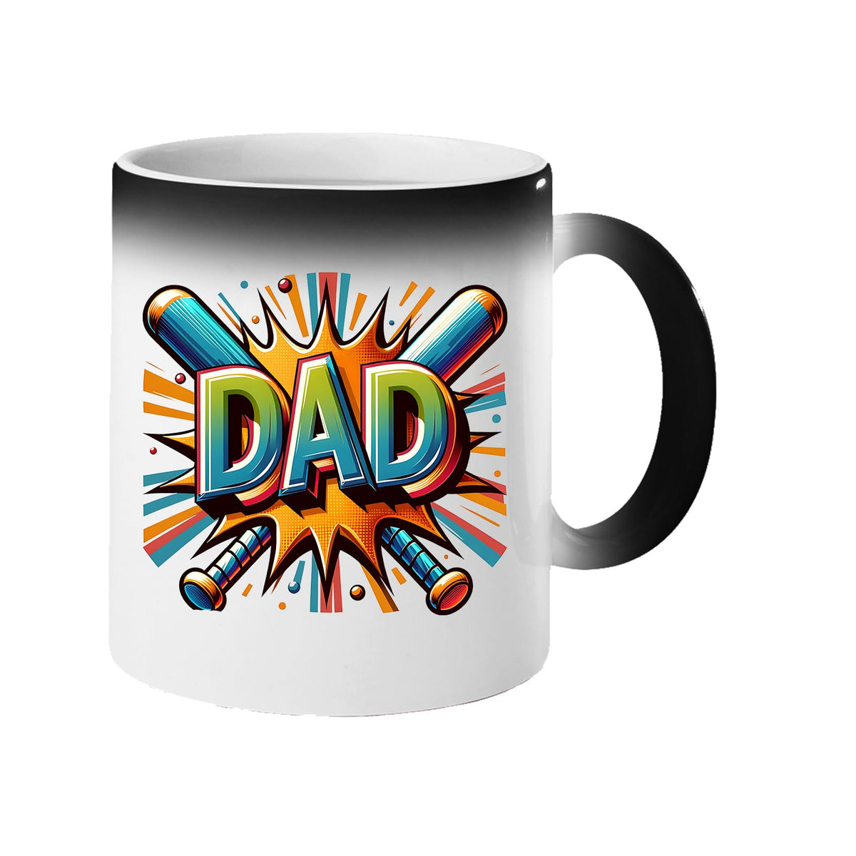 Colour changing mug revealing a comic-style “DAD” in front of crossed baseball bats