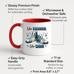 Colour handle mug with a pair of blue high-top sneakers with hearts and “Like father, like son” – red handle and inside