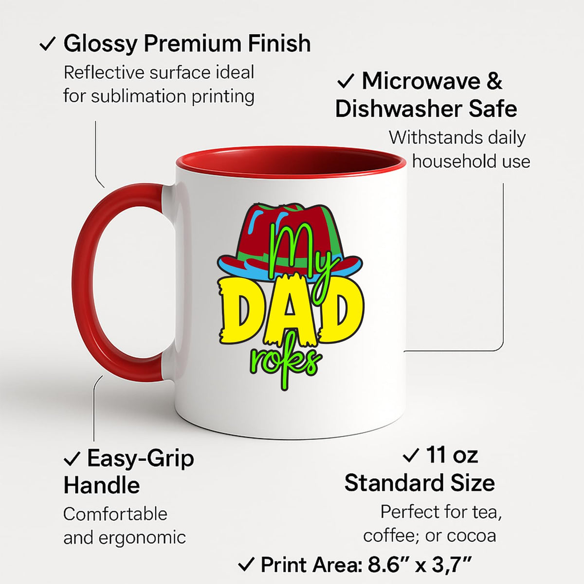 Colour handle mug with the colourful My Dad Rocks hat design and feature labels
