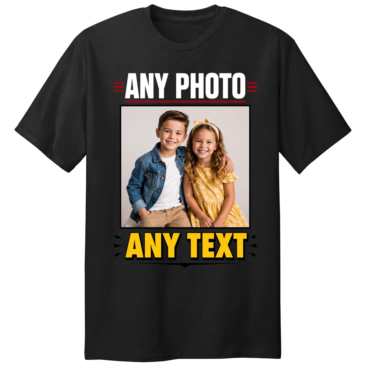 Personalised black t-shirt printed with any photo and any text