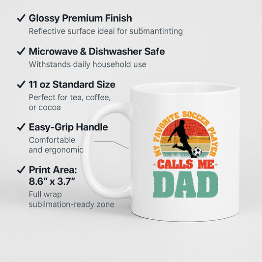 White mug with labels for 11oz size, glossy finish, easy-grip handle and print area