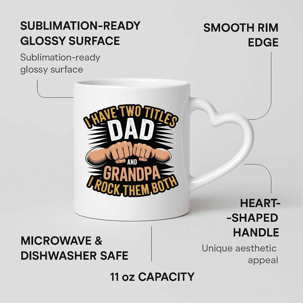 Heart-handle mug with labels for 11oz capacity, glossy surface and heart-shaped handle