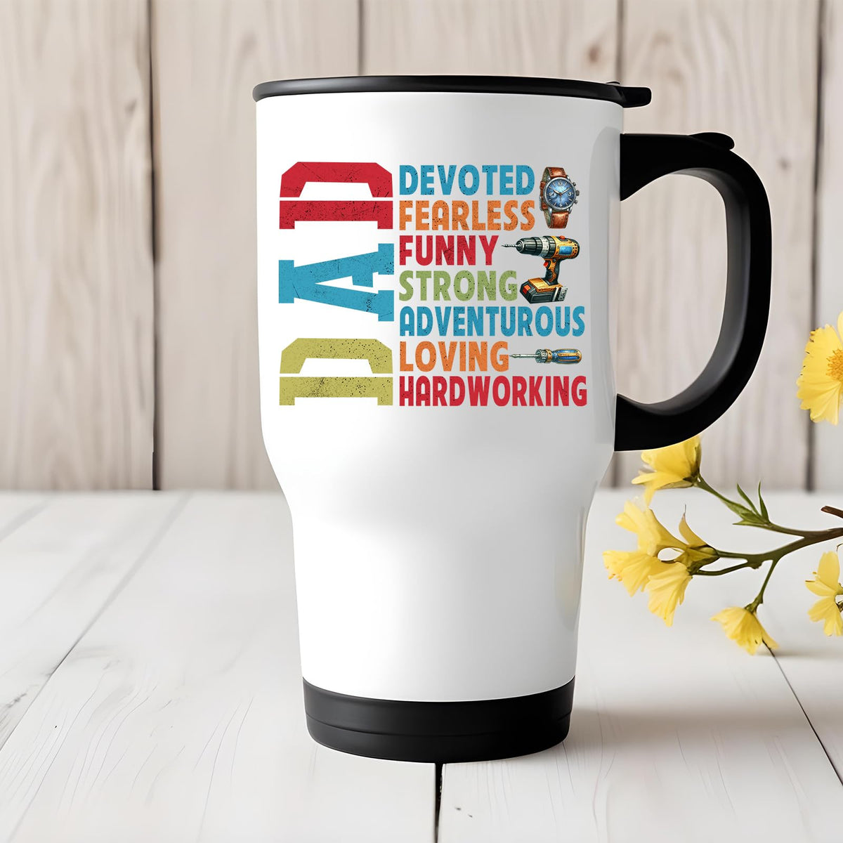 DAD Devoted travel mug on a white wooden table with yellow flowers