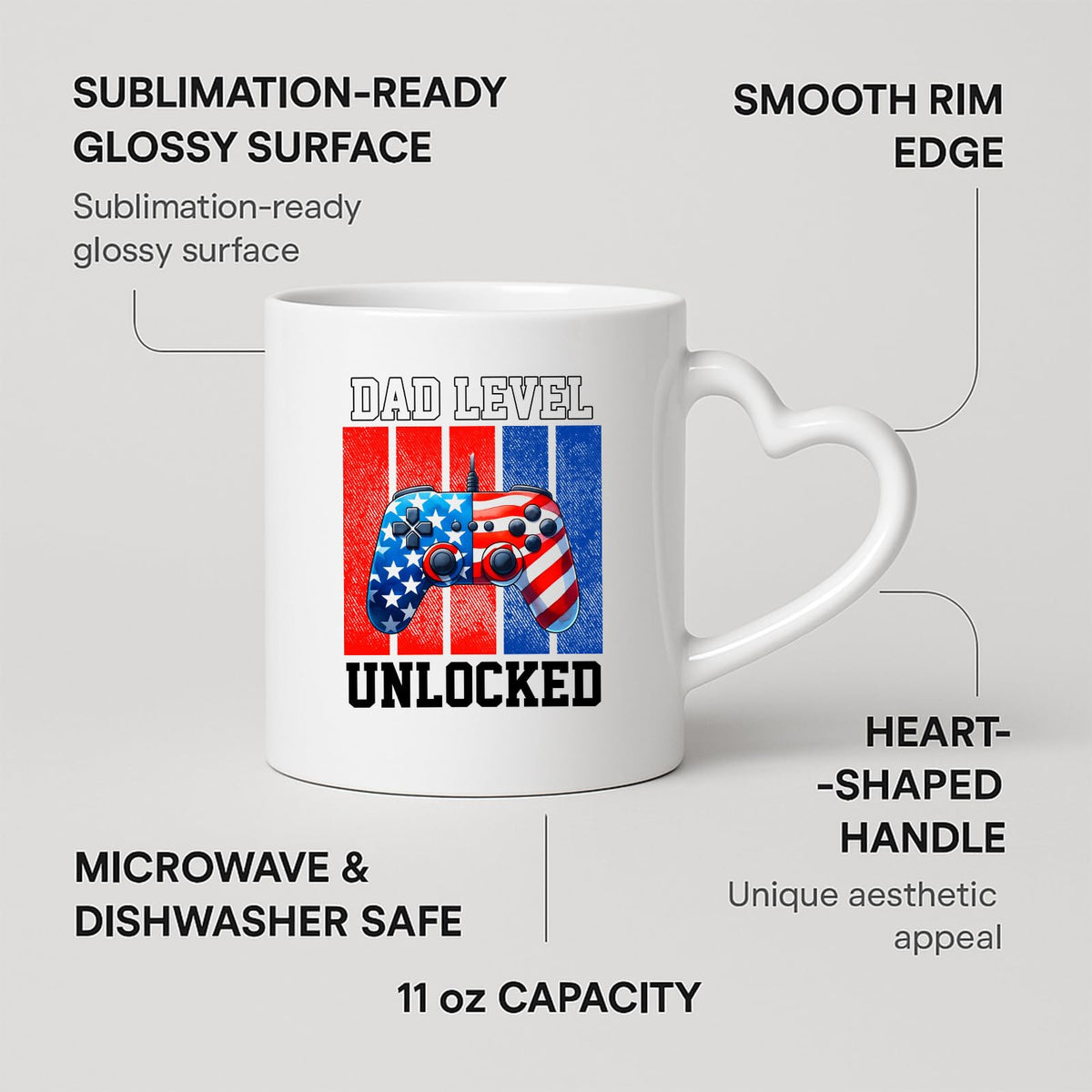Heart-handle mug with labels for 11oz capacity, glossy surface and heart-shaped handle