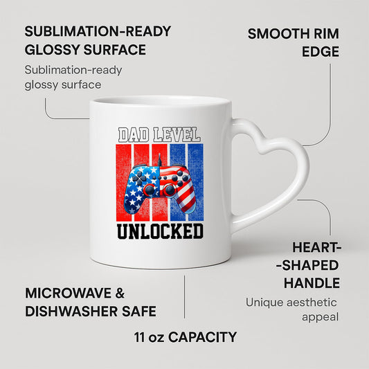 Heart-handle mug with labels for 11oz capacity, glossy surface and heart-shaped handle