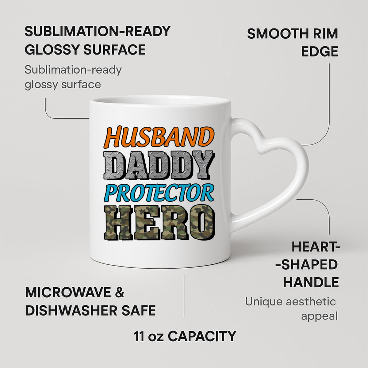 Heart-handle mug with labels for 11oz capacity, glossy surface and heart-shaped handle