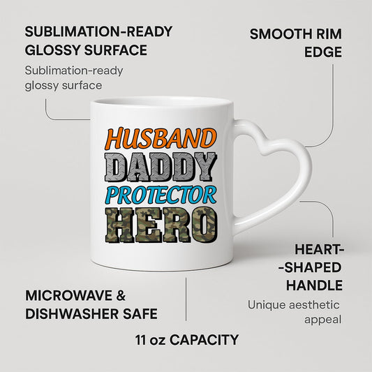 Heart-handle mug with labels for 11oz capacity, glossy surface and heart-shaped handle