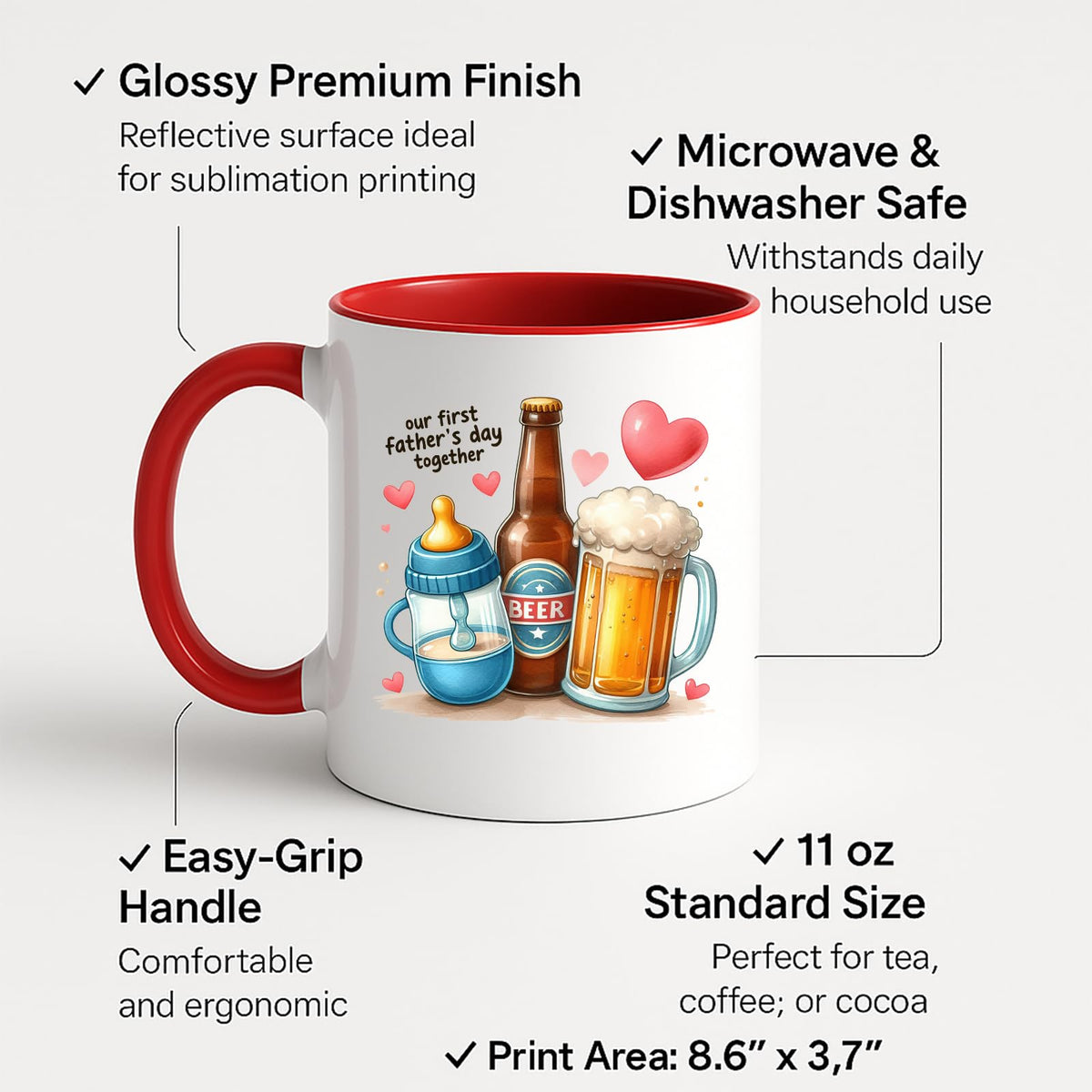 Colour handle mug with labels for 11oz size, glossy finish and easy-grip handle