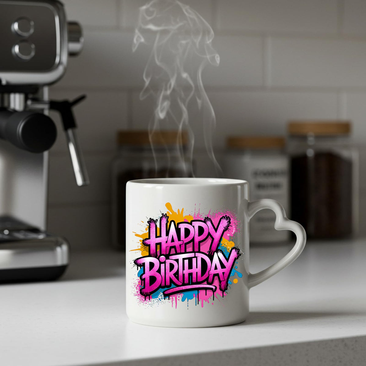 Steaming Happy Birthday pink graffiti splash heart-handle mug on a kitchen counter