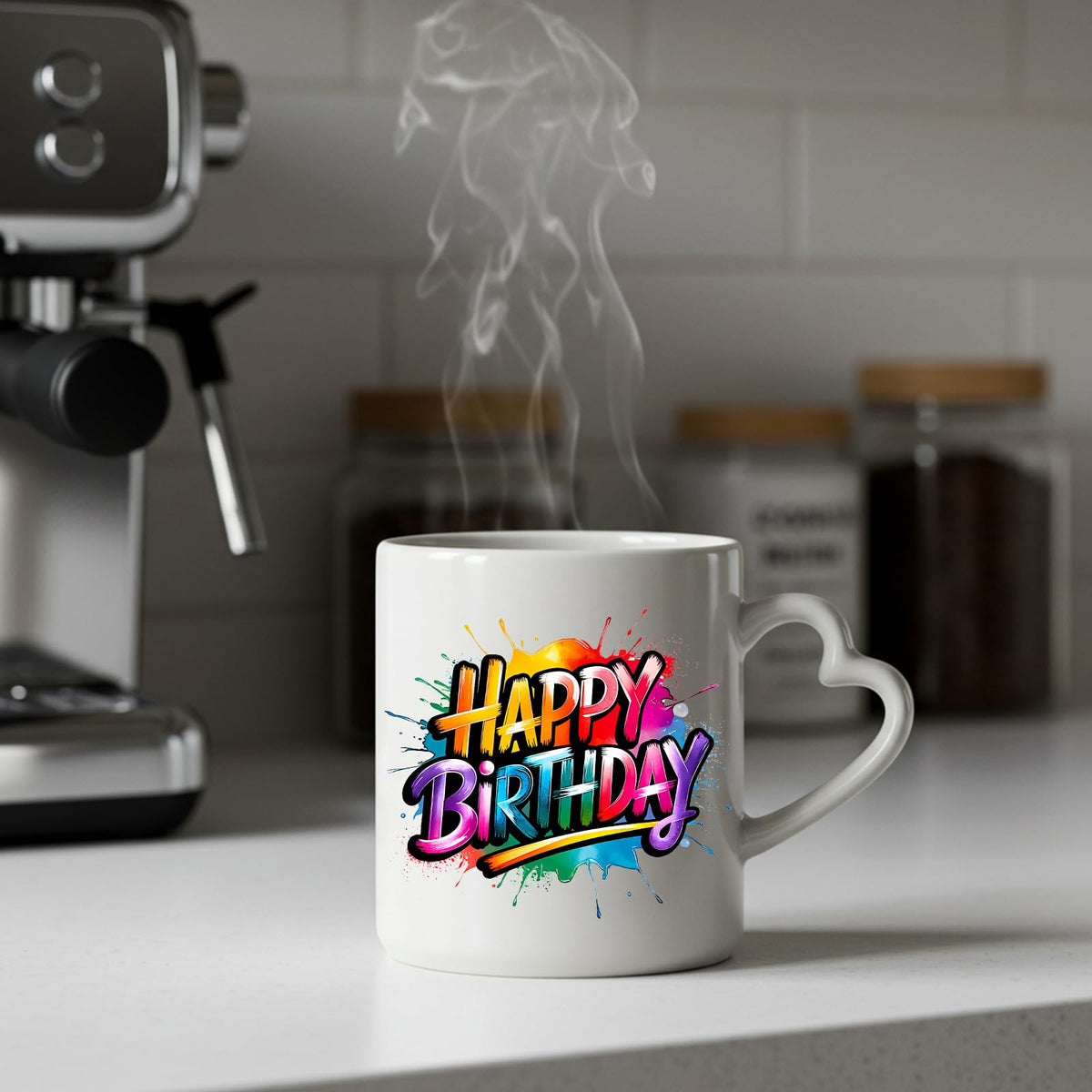 Steaming Happy Birthday rainbow splash heart-handle mug on a kitchen counter