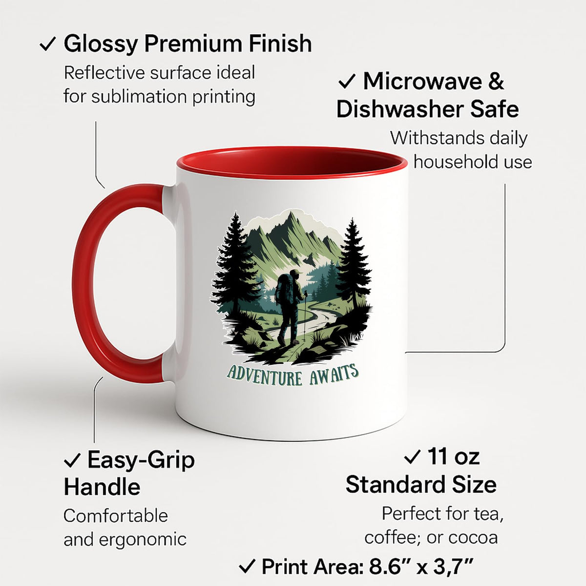 Colour handle mug with labels for 11oz size, glossy finish and easy-grip handle