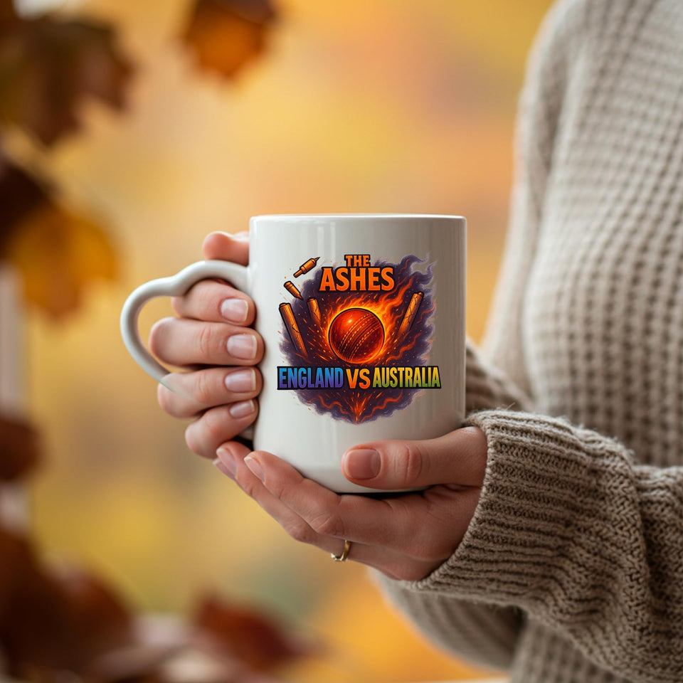 Excudo Trade LTD The Ashes Burning Ball England Vs Australia Rivalry Cricket Heart-Shaped Handle Mug Fiery Design Gift Fans Couples Coffee Cup Home Decor Couples