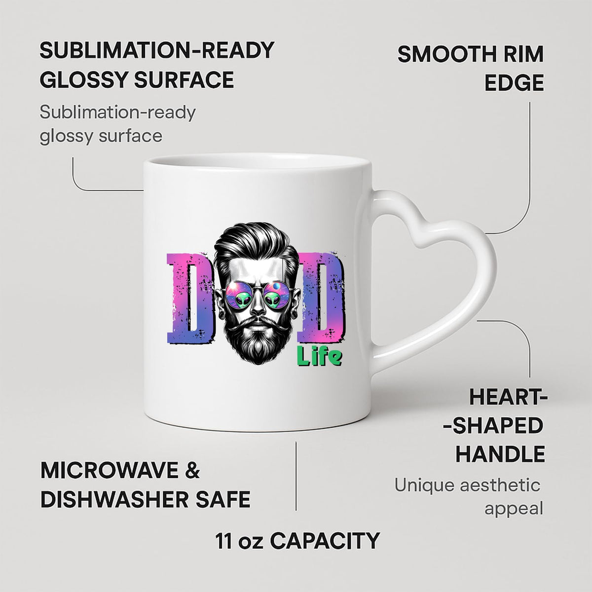 Heart-handle mug with labels for 11oz capacity, glossy surface and heart-shaped handle