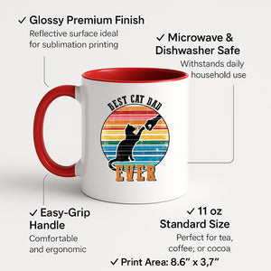 Colour handle mug with a black cat against a retro rainbow sunset with “Best Cat Dad Ever” – red handle and inside
