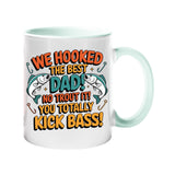 Colour handle mug with two leaping fish and “We hooked the best Dad! No trout about it! You totally kick bass!” – lime handle and inside