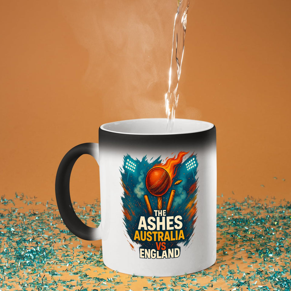 Excudo Trade LTD The Ashes Cricket Australia vs England Rivalry Cup Magic Heat Reveal Cricket Mug Fiery Design Appears with Hot Drink Fun Gift