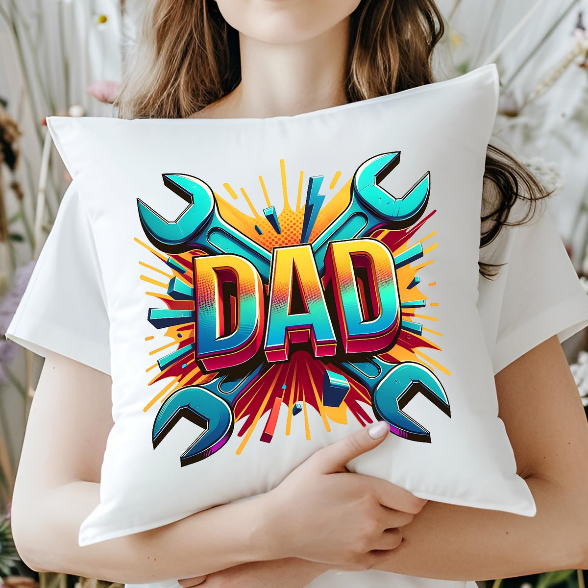Woman hugging the DAD spanners cushion
