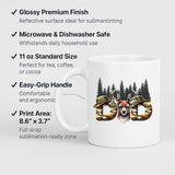 White mug with labels for 11oz size, glossy finish, easy-grip handle and print area