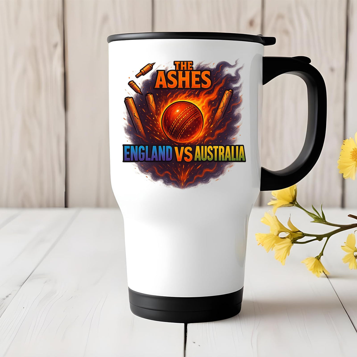 Ashes travel mug on a table with flowers