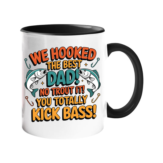 Colour handle mug with two leaping fish and “We hooked the best Dad! No trout about it! You totally kick bass!” – black handle and inside
