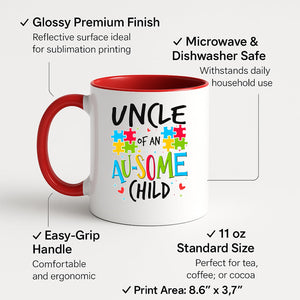 Colour handle mug with “Uncle of an AU-SOME child” with colourful puzzle pieces – red handle and inside