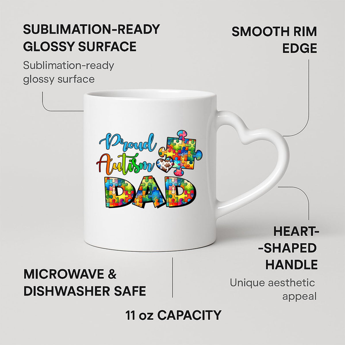 Heart-handle mug with labels for 11oz capacity, glossy surface and heart-shaped handle