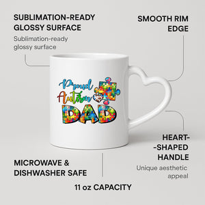 Proud Autism Dad heart-handle mug on a marble counter with fruit