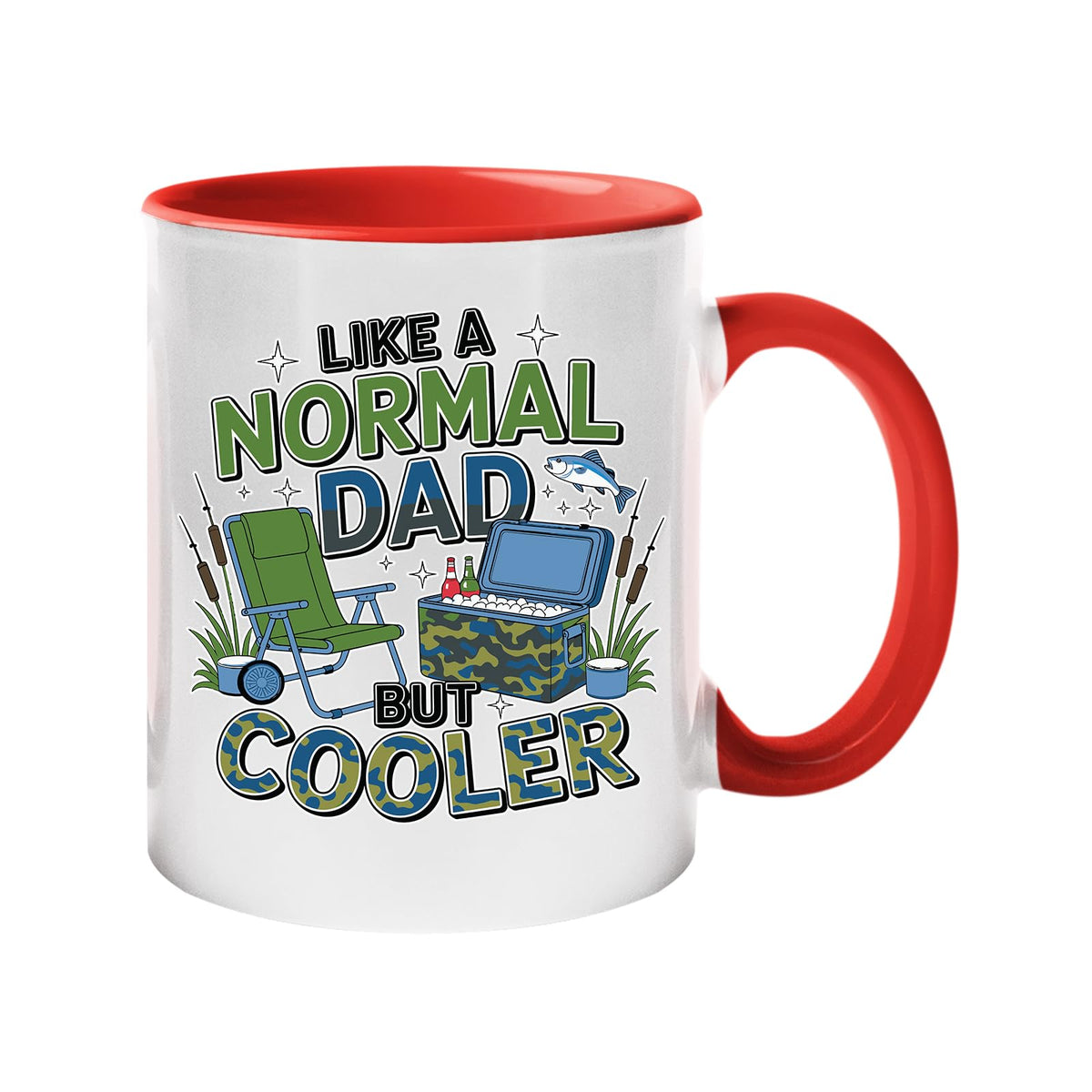 Colour handle mug with camping chairs, a cool box and a fishing rod with “Like a normal dad, but cooler” – red handle and inside