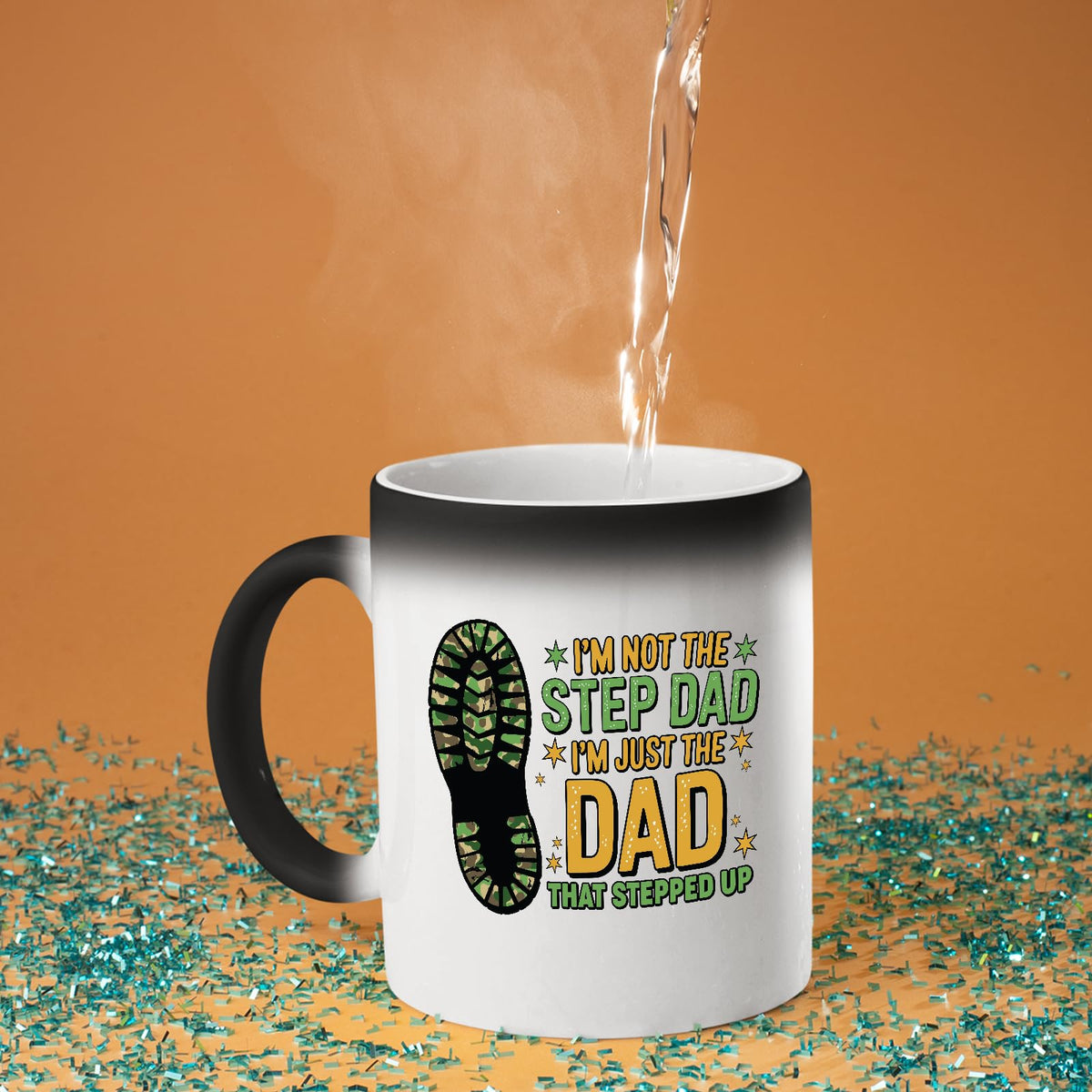 Hot water poured into the Dad That Stepped Up colour changing mug as the design appears