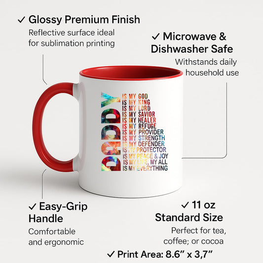 Colour handle mug with labels for 11oz size, glossy finish and easy-grip handle