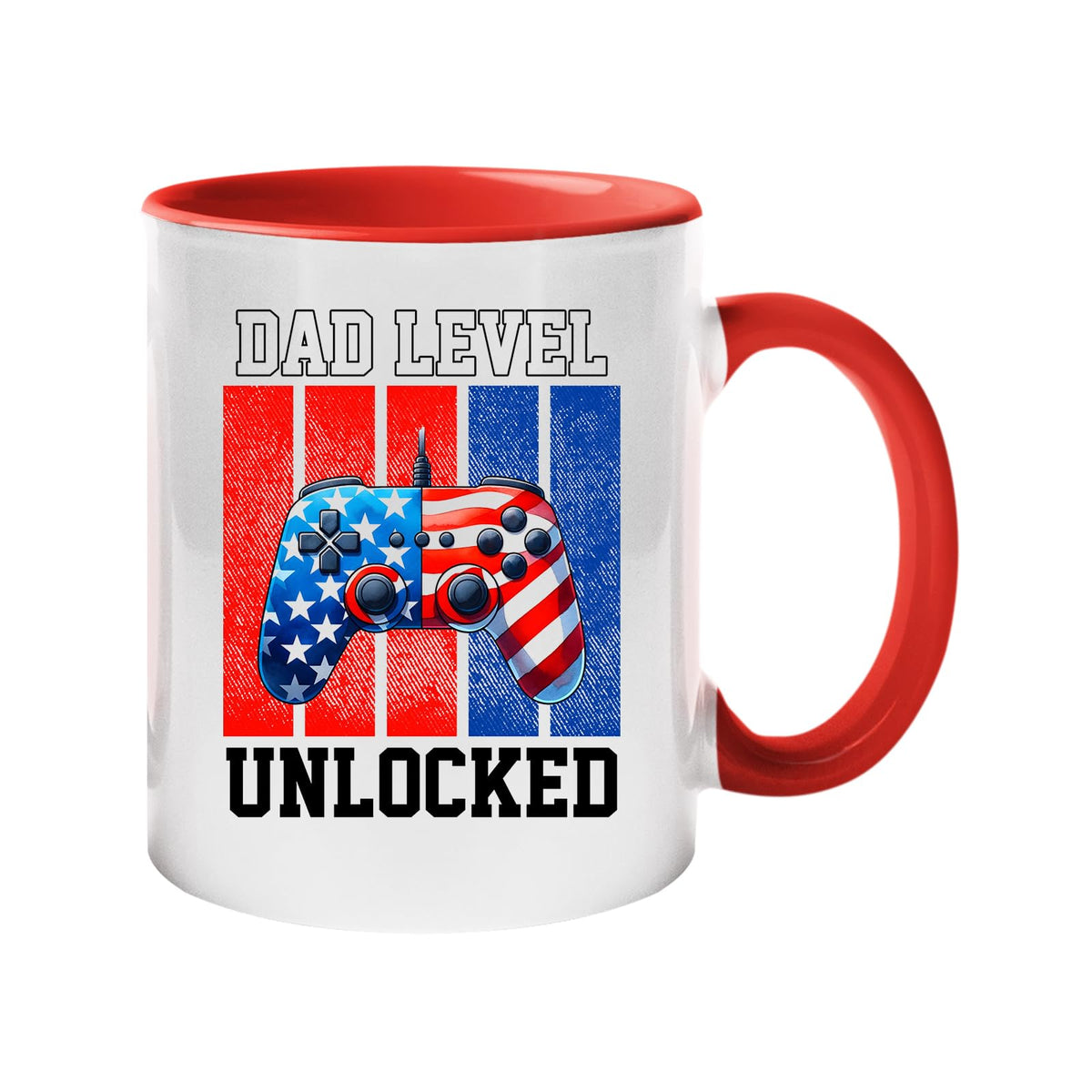 Colour handle mug with a stars-and-stripes game controller and “Dad level unlocked” – red handle and inside