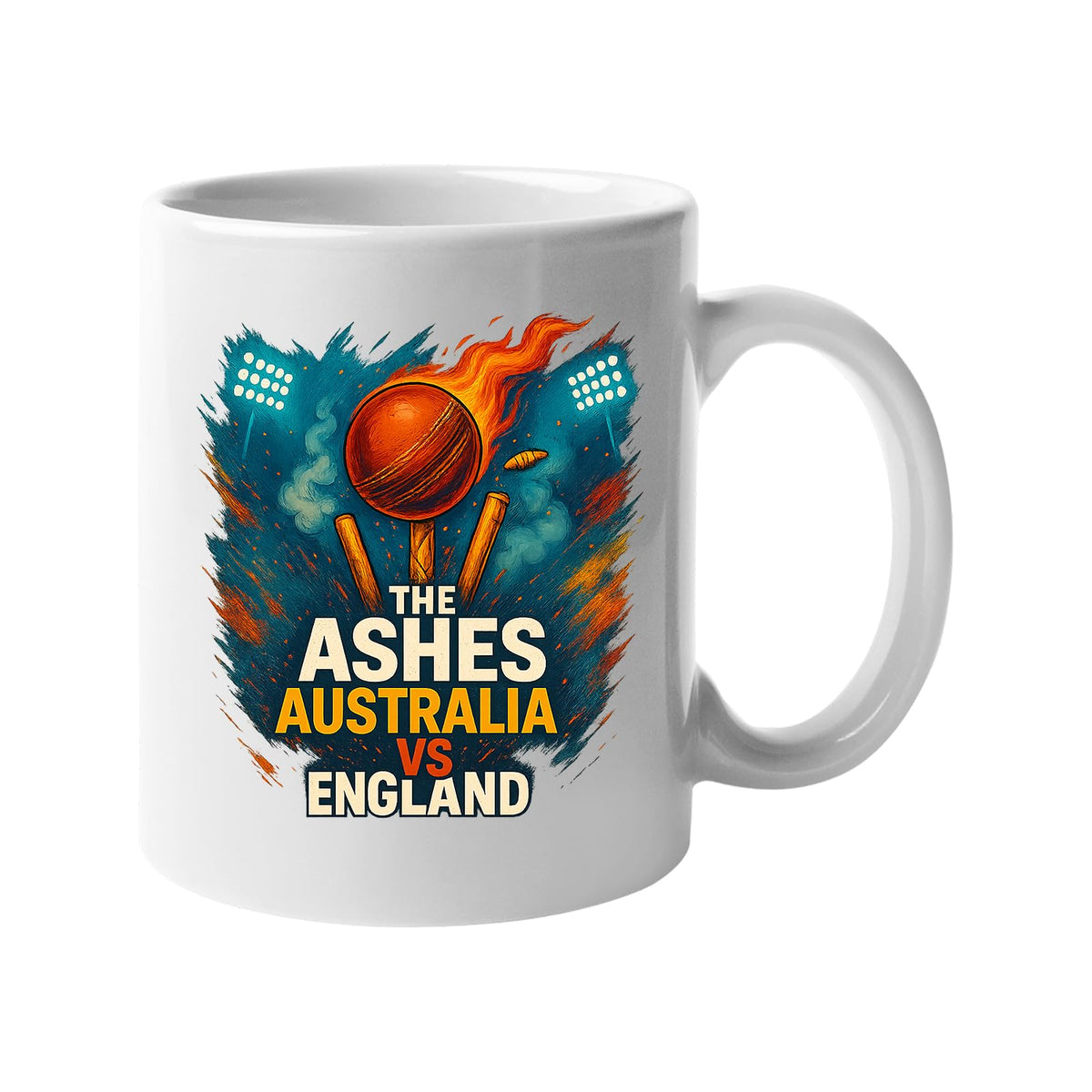 White mug with The Ashes Australia v England cricket design