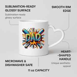 DAD baseball bats heart-handle mug on a marble counter with fruit