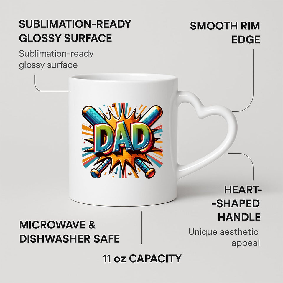 Heart-handle mug with labels for 11oz capacity, glossy surface and heart-shaped handle