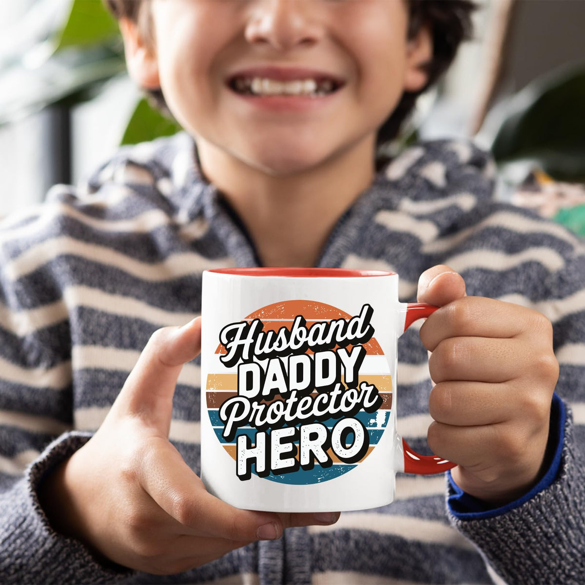 Smiling child holding the Husband Daddy Protector Hero retro mug with a red handle