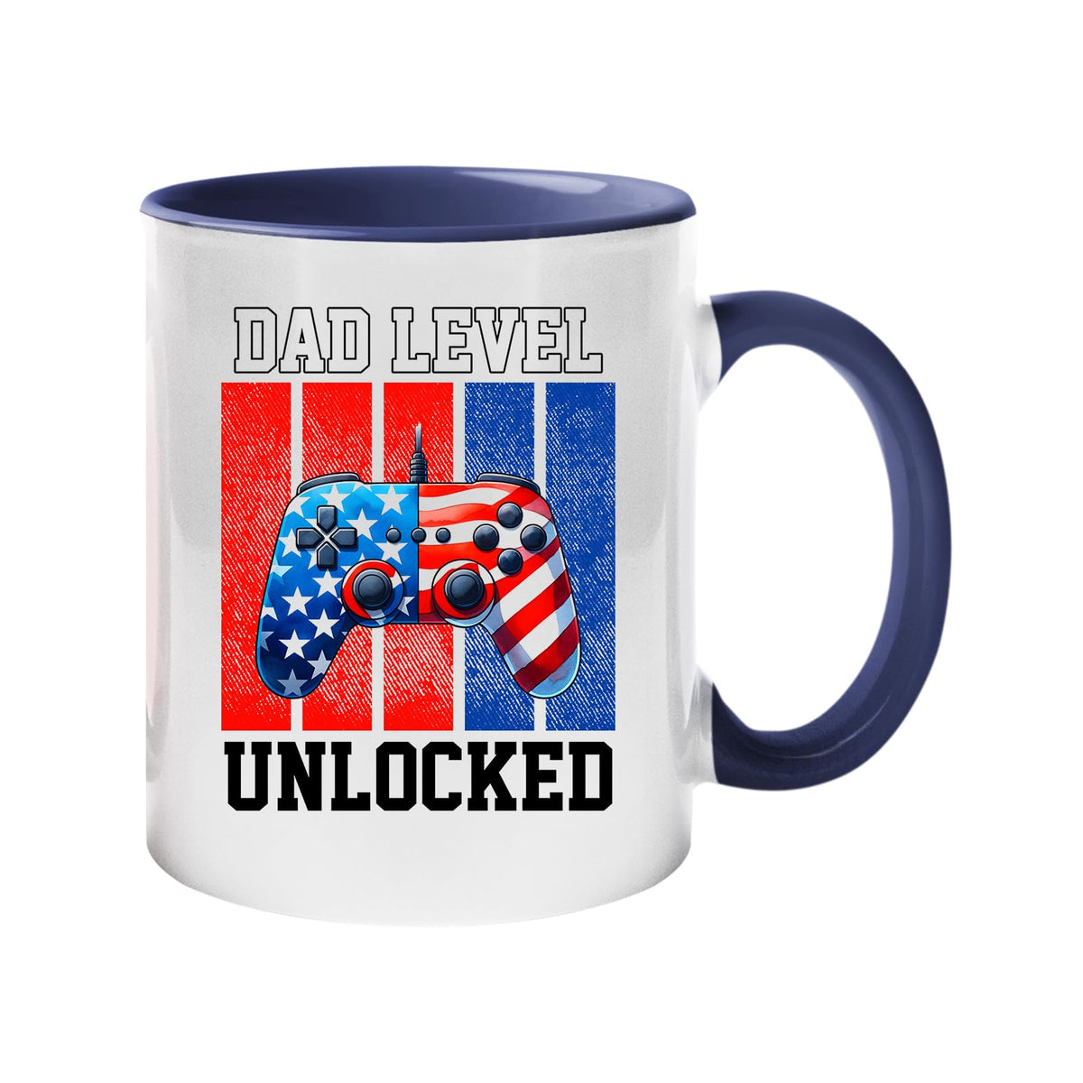Colour handle mug with a stars-and-stripes game controller and “Dad level unlocked” – dark blue handle and inside