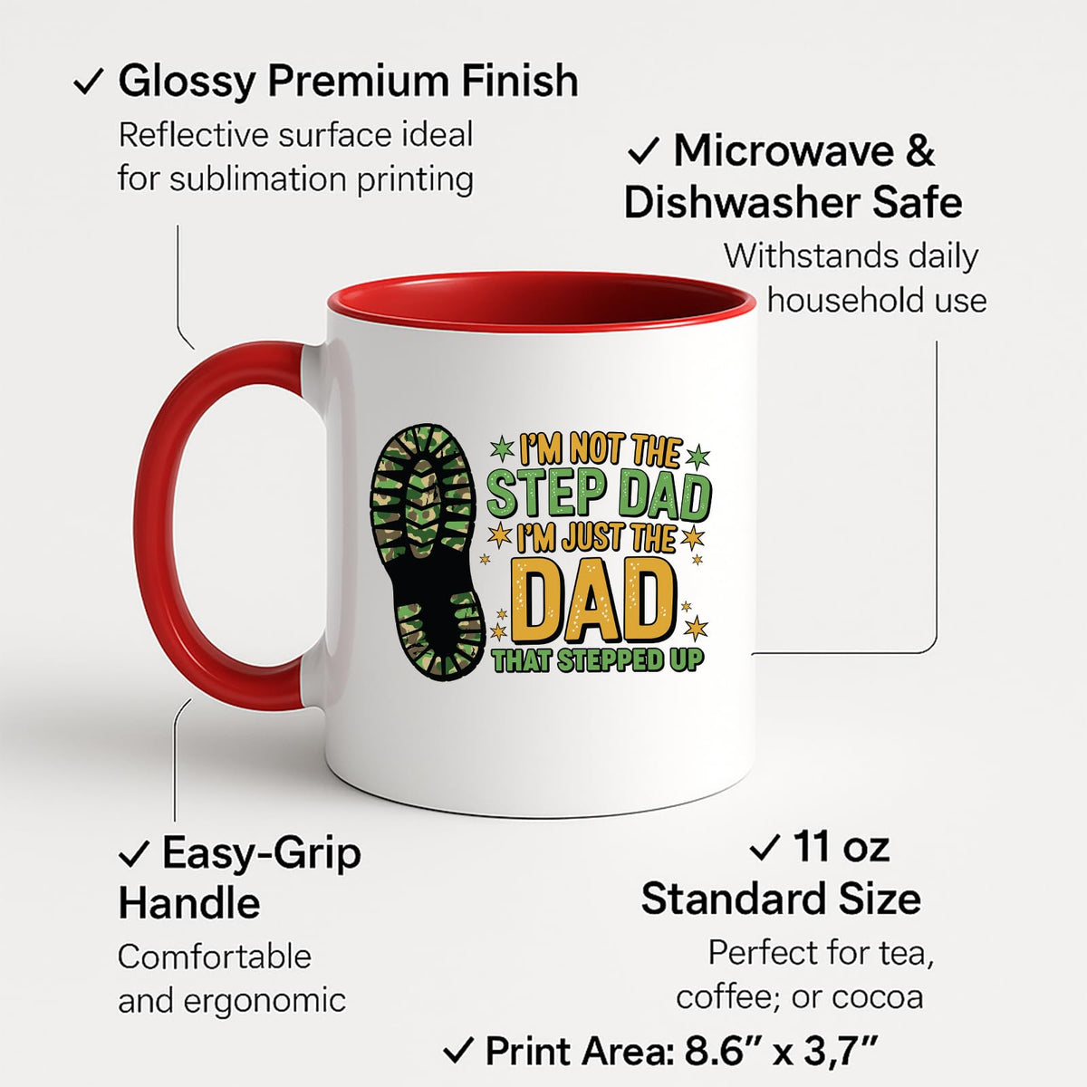 Colour handle mug with labels for 11oz size, glossy finish and easy-grip handle