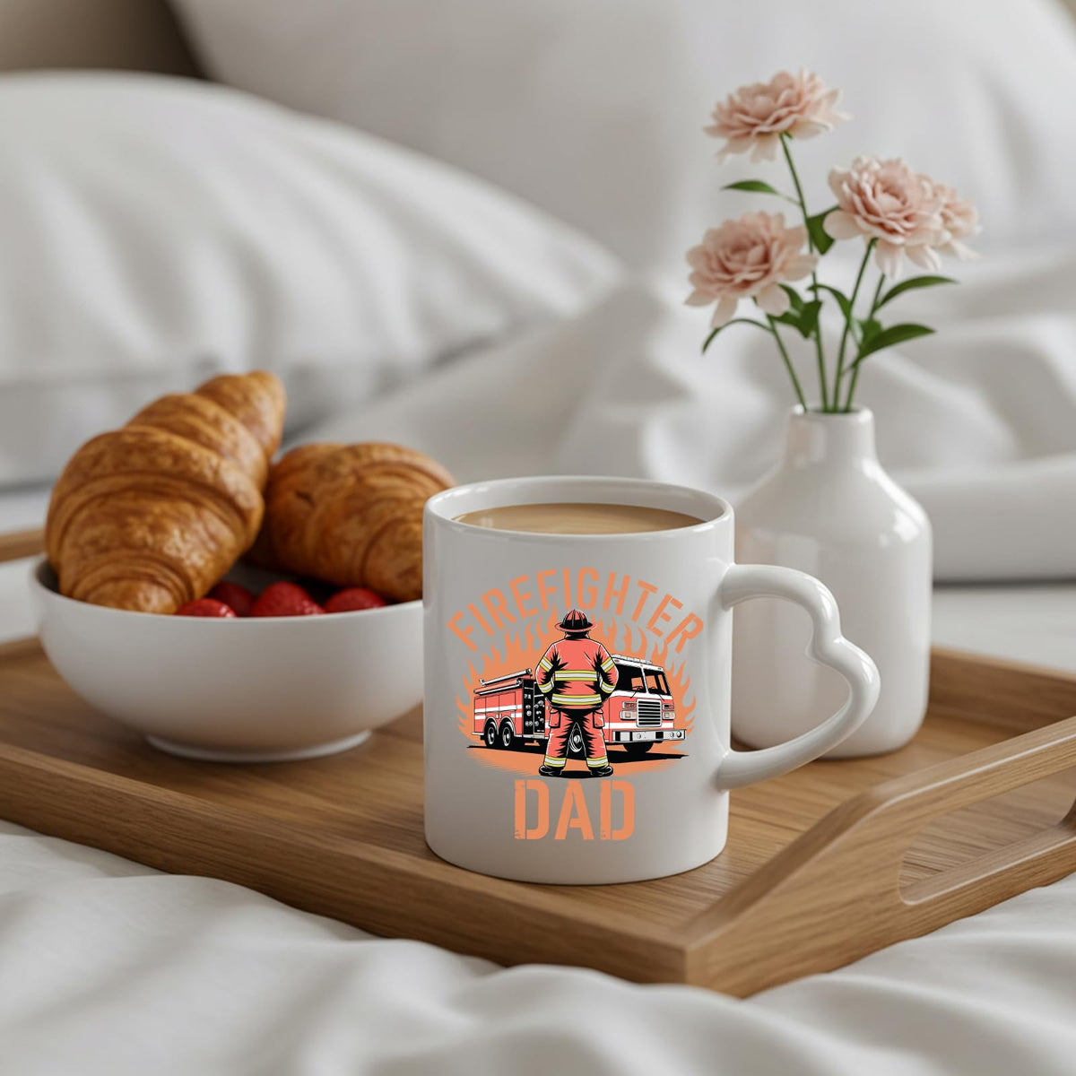Firefighter Dad heart-handle mug on a breakfast tray with croissants and flowers