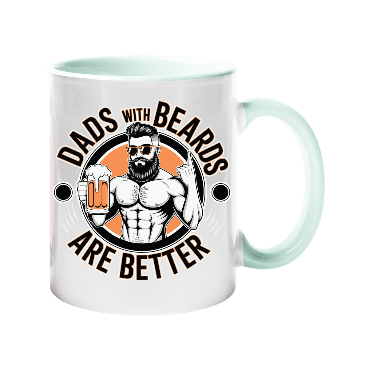 Colour handle mug with a muscly bearded dad with a beer and “Dads with beards are better” – lime handle and inside