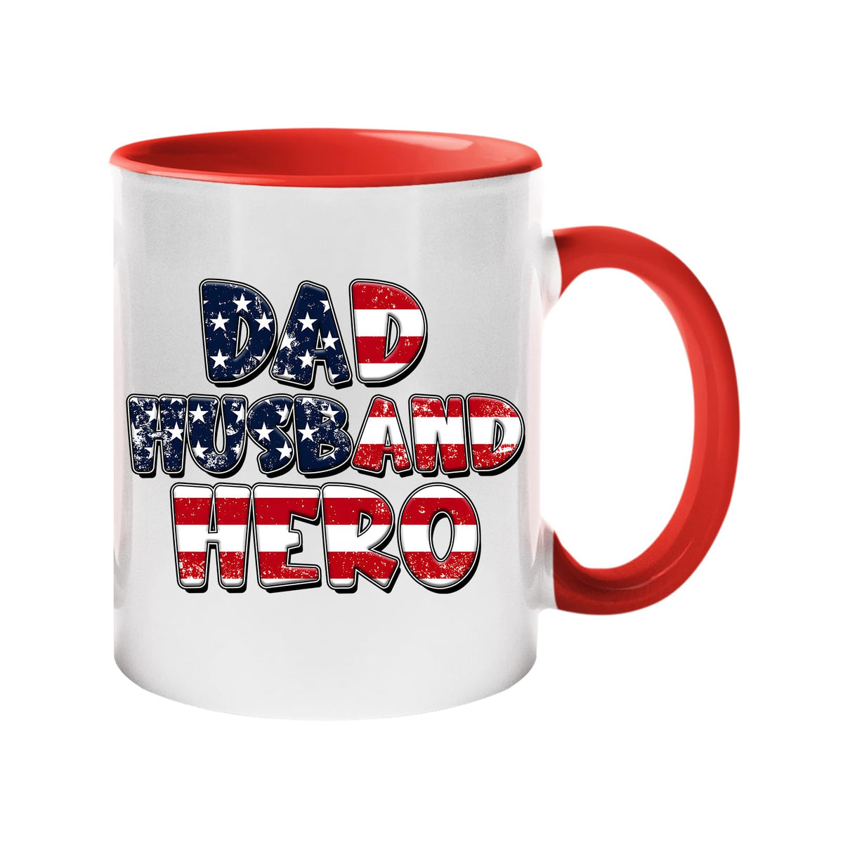 Colour handle mug with “Dad, Husband, Hero” in stars-and-stripes lettering – red handle and inside