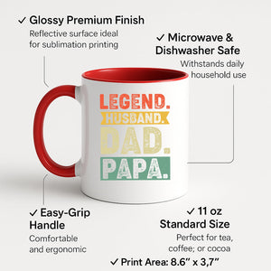 Colour handle mug with “Legend. Husband. Dad. Papa.” in distressed retro colour blocks – red handle and inside
