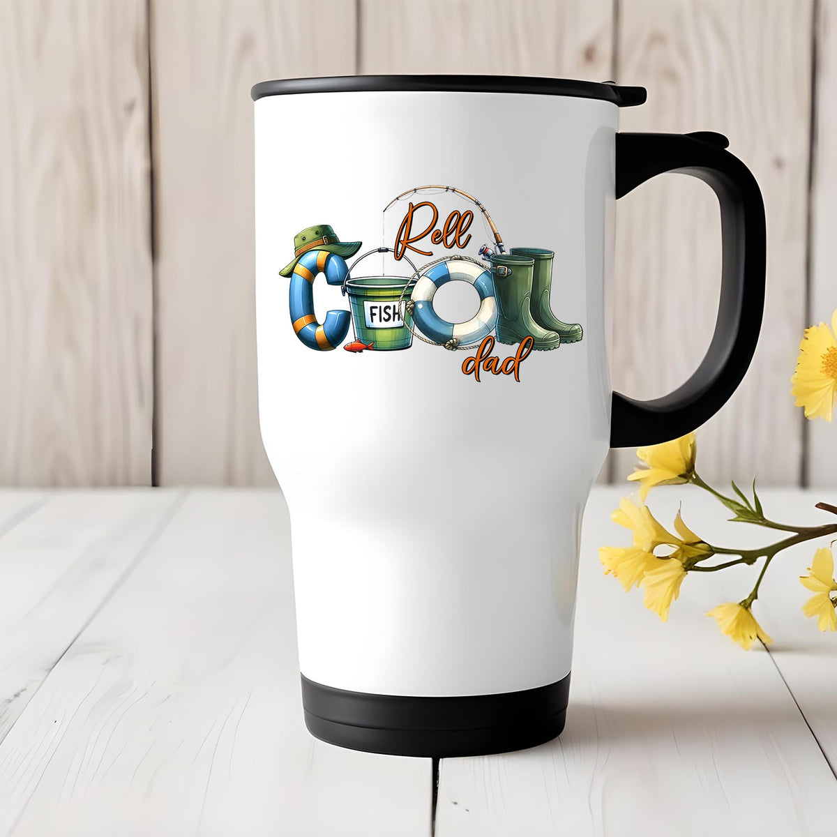 Reel Cool Dad travel mug on a white wooden table with yellow flowers