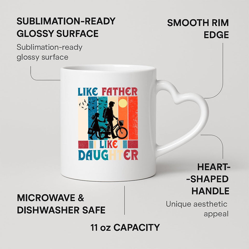 Heart-handle mug with labels for 11oz capacity, glossy surface and heart-shaped handle
