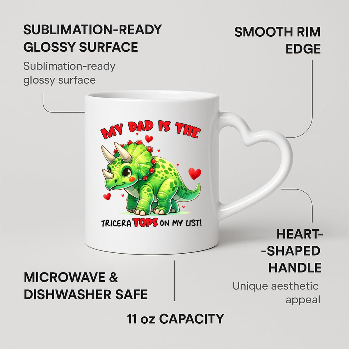 Heart-handle mug with labels for 11oz capacity, glossy surface and heart-shaped handle
